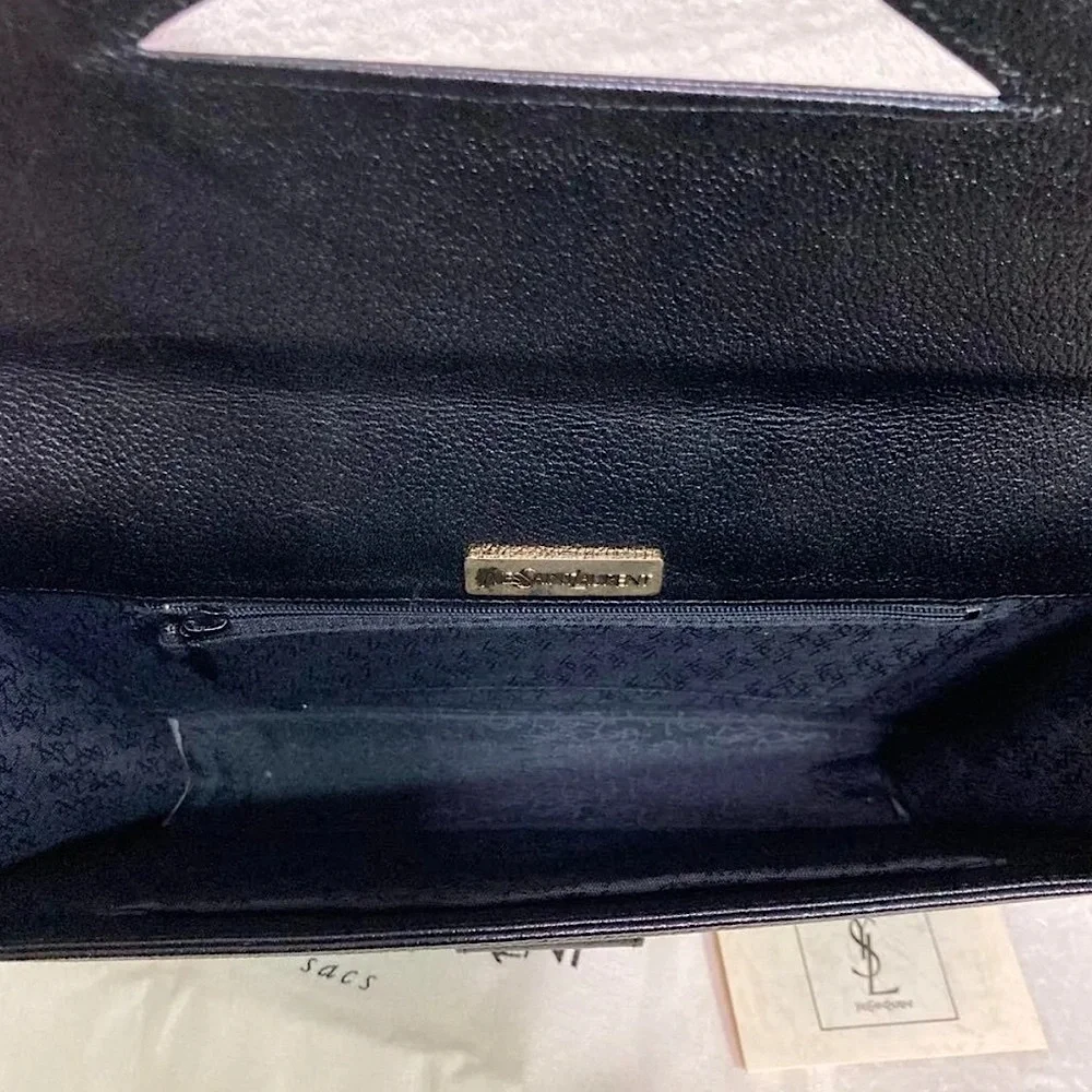 AUTH YSL Yves tSaint Laurent black caviar leather clutch Bag cut out gold logo - Picture 6 of 8